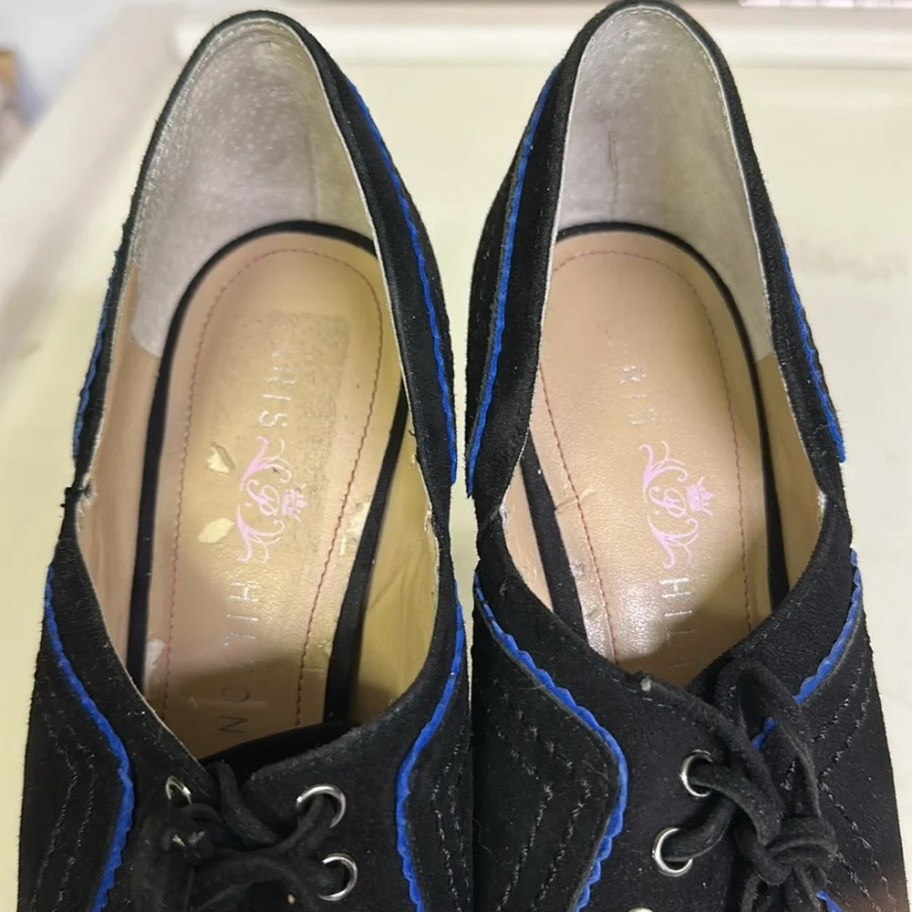 Paris Hilton Royal Black Blue Suede Peep Toe Lace Up 5 Inch Stilettos Heels 8M